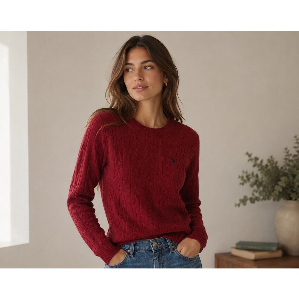 Abercrombie Wool Cable Knit Sweater Red Crew Neck Pullover Y2K Womens‎ Large